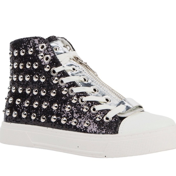 Glitter Hi Top Sneakers With Stud Detailing & Side Zipper Black/Silver Sz 7/UK 5 - Picture 1 of 8